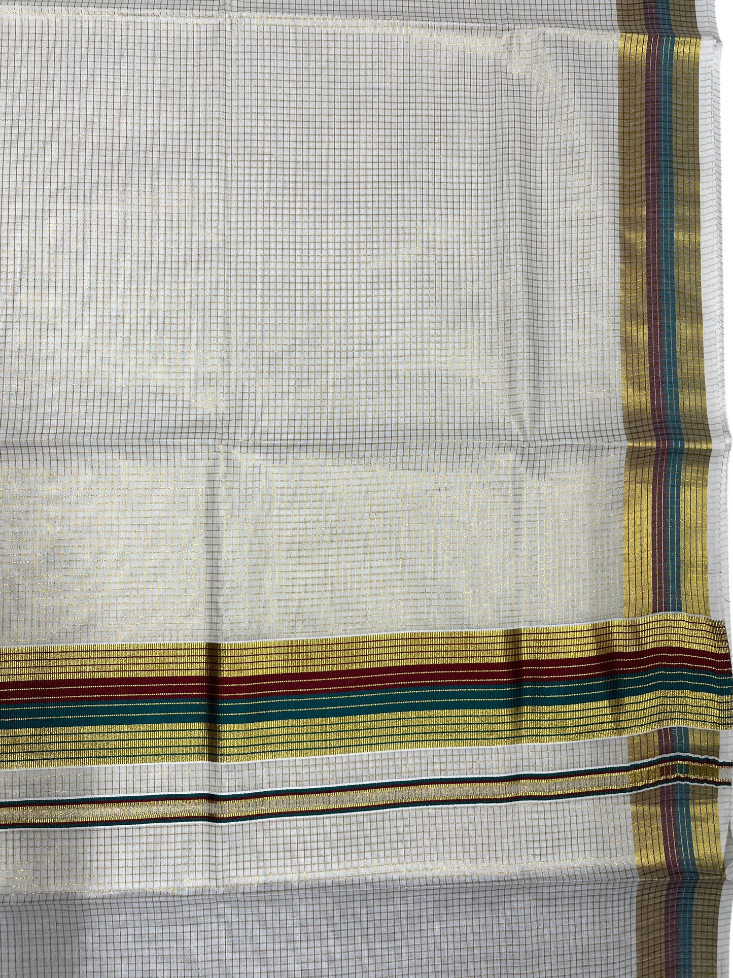 Southloom Kerala Cotton Kasavu Saree with Micro Check Design on Body in Maroon & Green Border