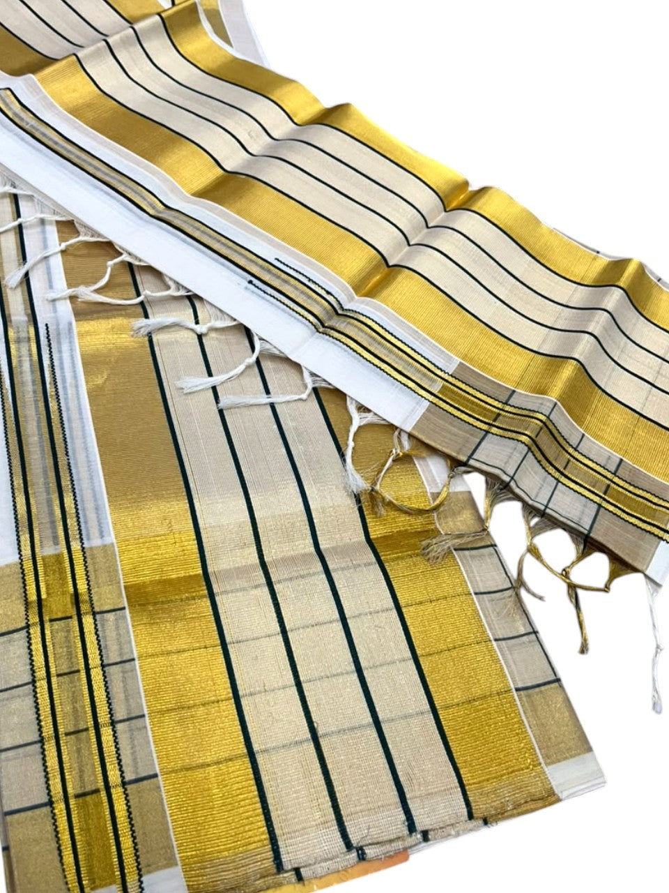 Southloom Premium Handloom Set Mundu with Kasavu With Green and Golden Border (2.80 Mtr)