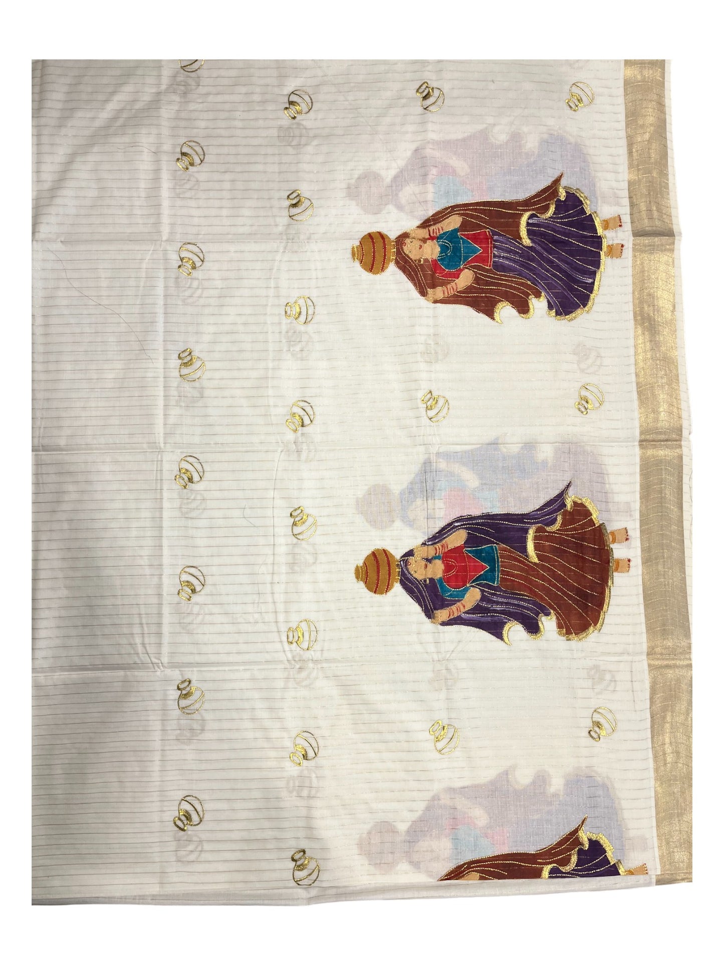 Southloom Kerala Cotton Kasavu Line Saree with Hand Painted &Embroidery Design