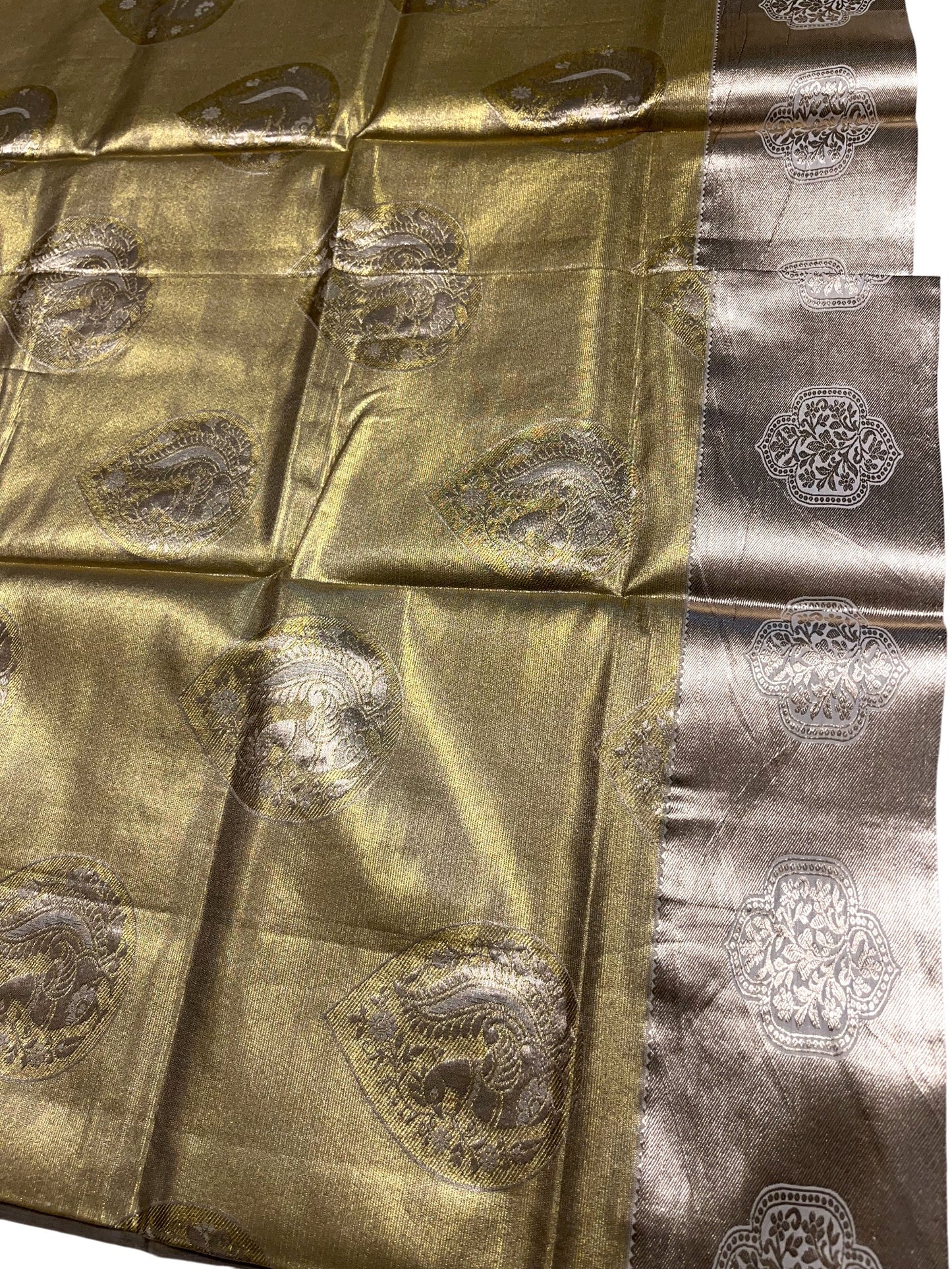 Southloom Tissue Kasavu Replica Saree with Heavy Golden Works Across Body and Kasavu Border