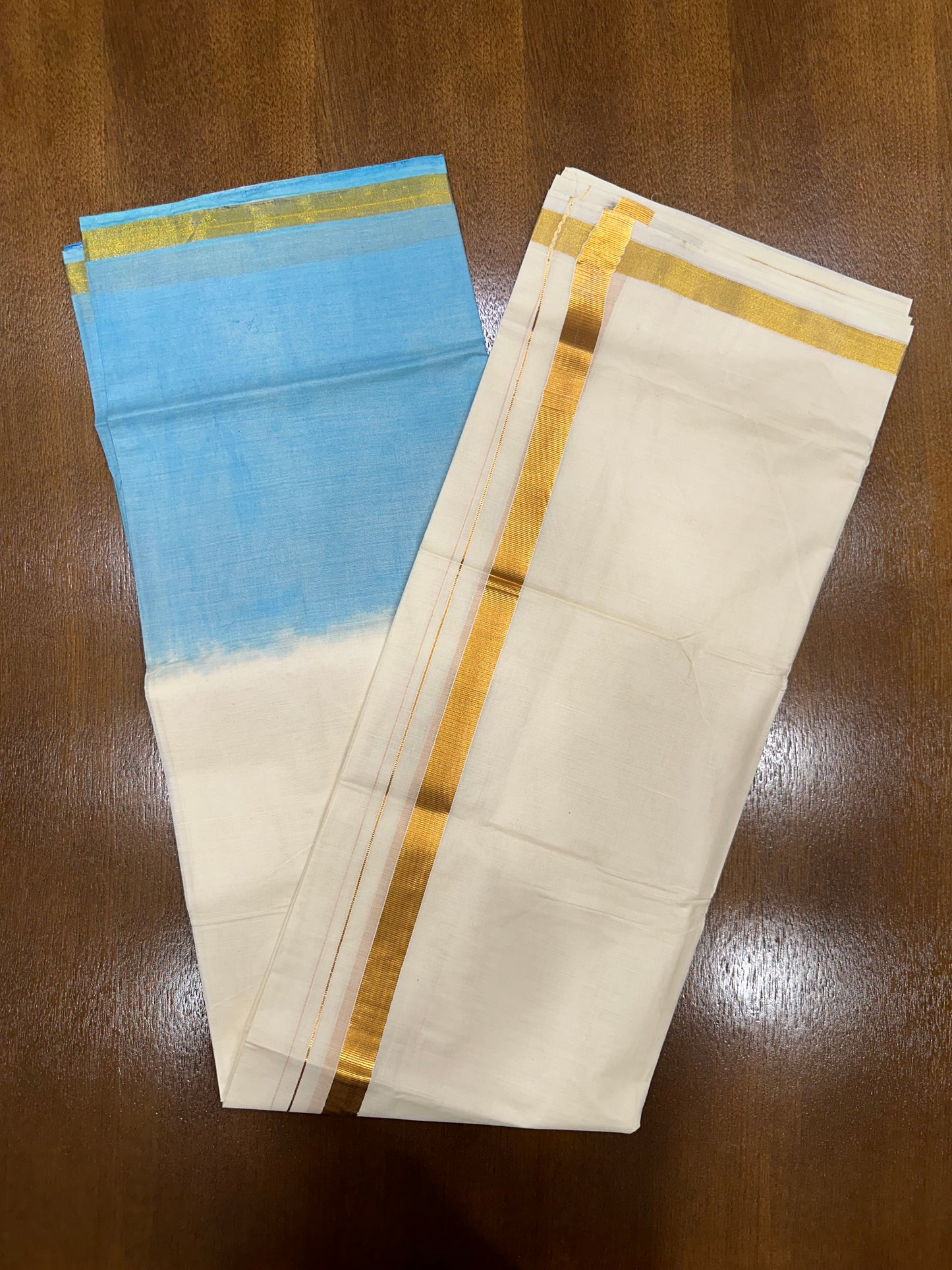 Southloom Tie & Dye - Half & Half Multi Colour Light Blue Design Cotton Kerala Double Mundu with Kasavu Border (South Indian Kerala Dhoti)