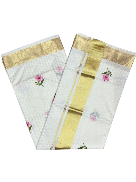 Southloom Kerala Cotton Kasavu Line Saree with Pink Floral Embroidery Works