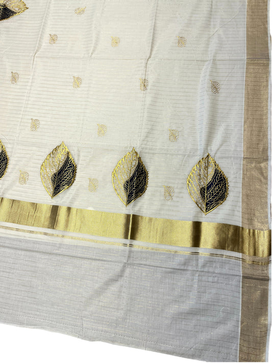 Southloom Kasavu Lines Saree with High Quality Embroidery Work in Kasavu and Brown