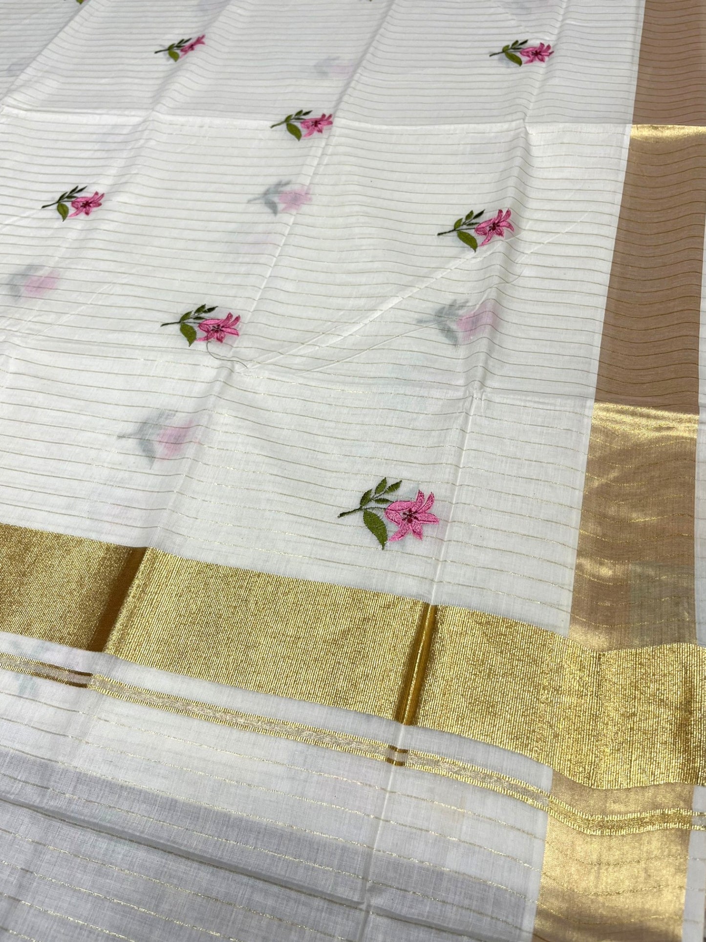 Southloom Kerala Cotton Kasavu Line Saree with Pink Floral Embroidery Works
