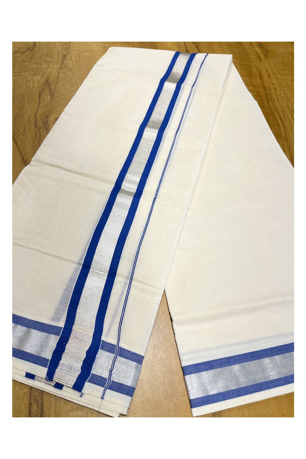 Pure Cotton Mundu with Blue Lines and Silver Kasavu Border (South Indian Kerala Dhoti)
