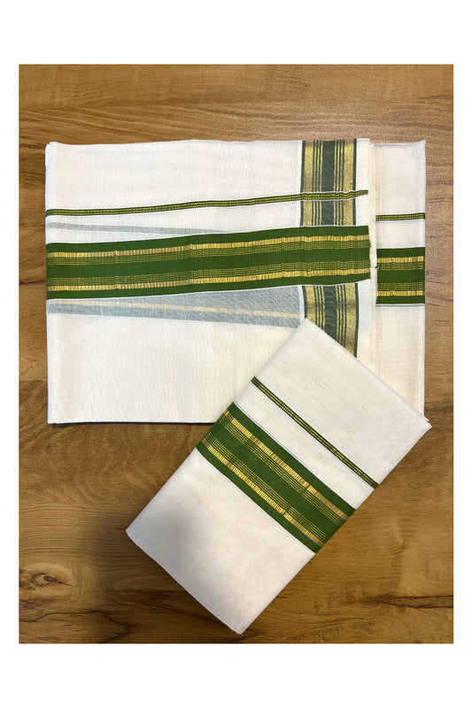 Kerala Cotton Set Mundu (Mundum Neriyathum) with Kasavu and Olive Green Border 2.80 Mtrs SLKK SL470