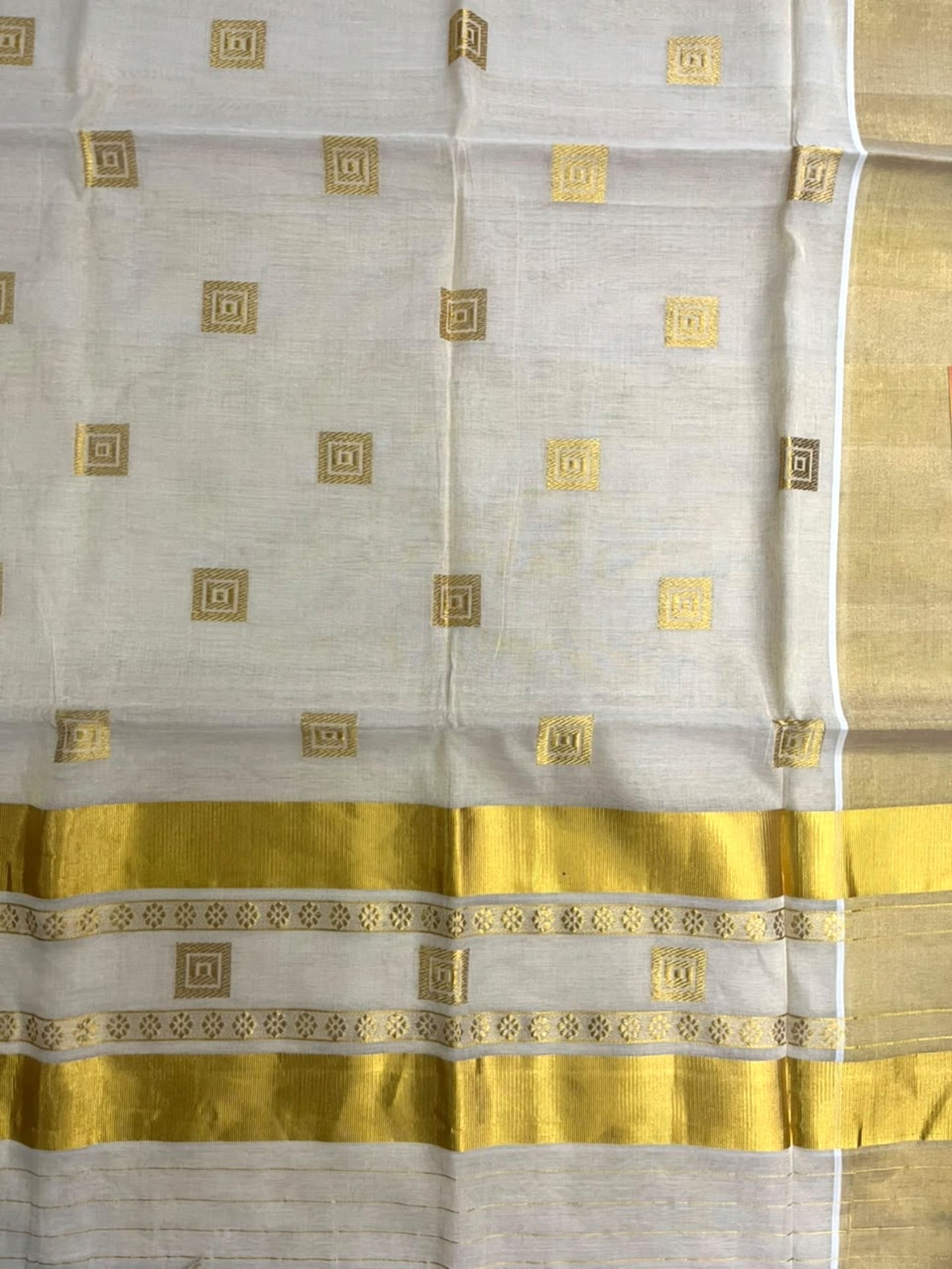 Southloom Super Premium Balaramapuram Handloom Tissue Saree with Temple Design and Gold Kasavu Border