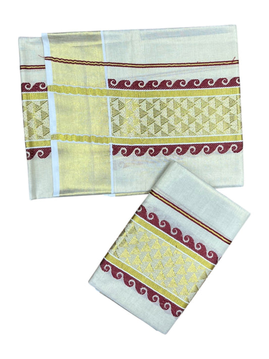 Kerala Tissue Single Set Mundu (Mundum Neriyathum) with Maroon and Kasavu Woven Border 2.80 Mtrs