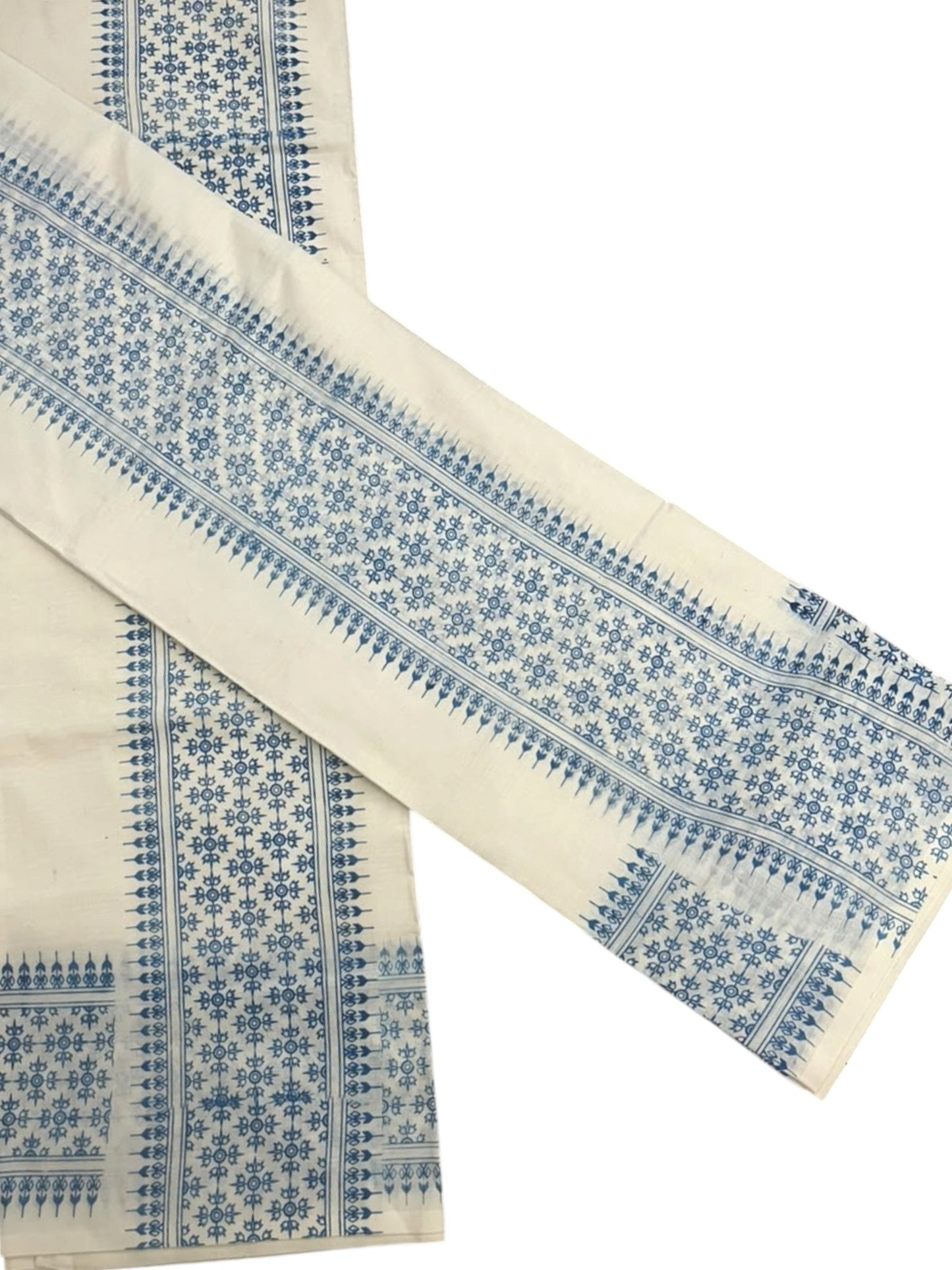 Southloom Kerala Cotton Set Mundu (Mundum Neriyathum) with Blue Floral Prints on Border-2.80Mtrs SL625