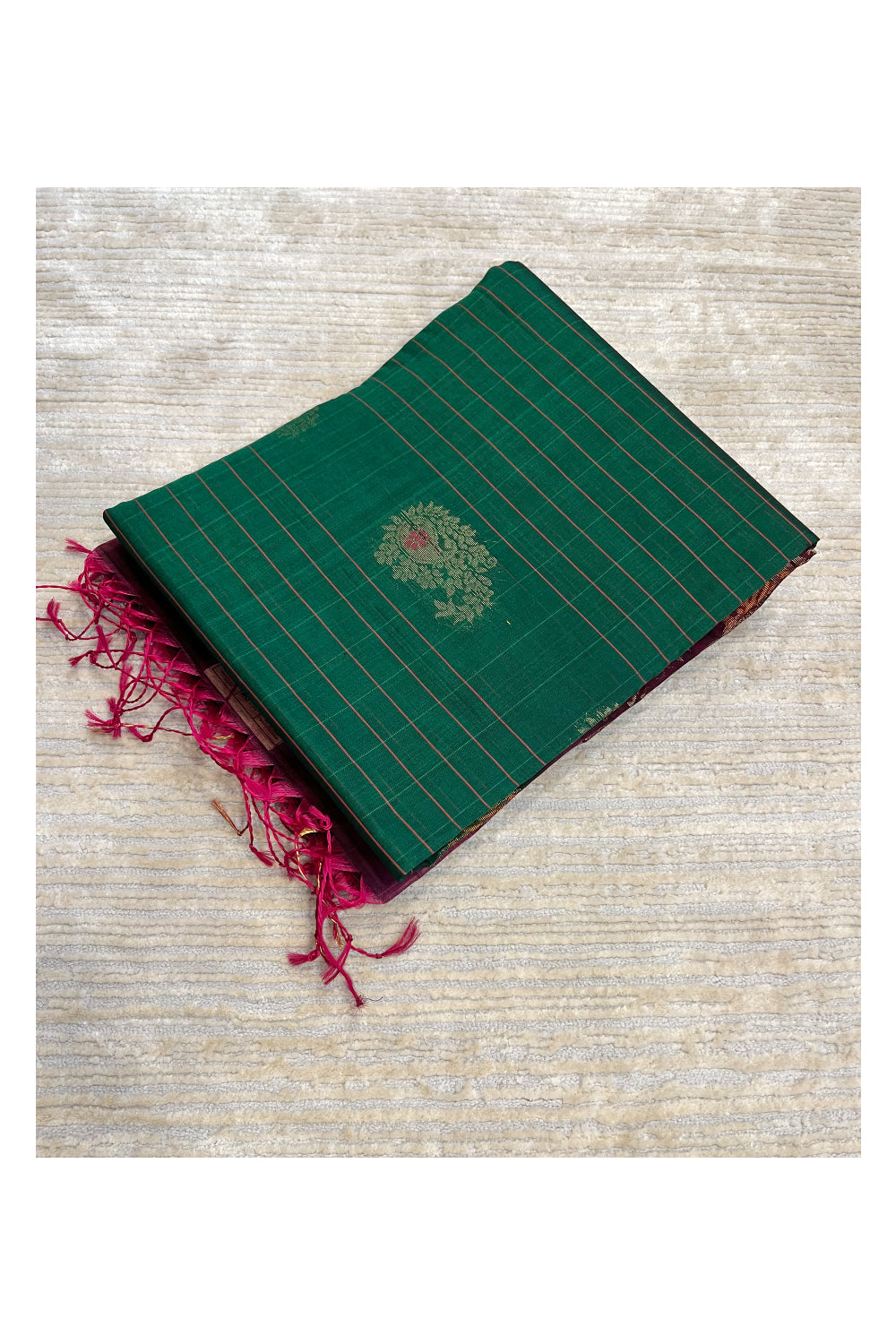 Southloom Pure Handloom Cotton Silk Saree With Handwoven Work Across Body and Blouse in Green And Magenta