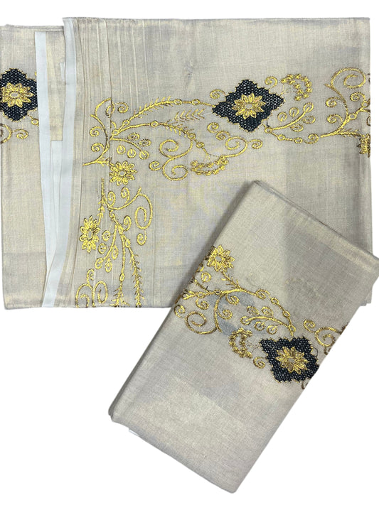 Southloom Kerala Tissue Kasavu Single Set Mundu (Mundum Neriyathum) Black and Golden Embroidery Work