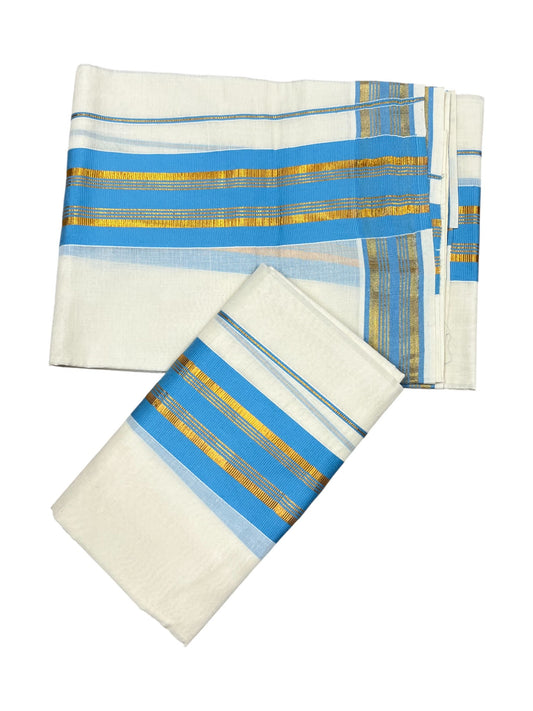 Kerala Cotton Kasavu Single Set Mundu (Mundum Neriyathum) with Blue Kasavu Border in 2.80 Mtrs