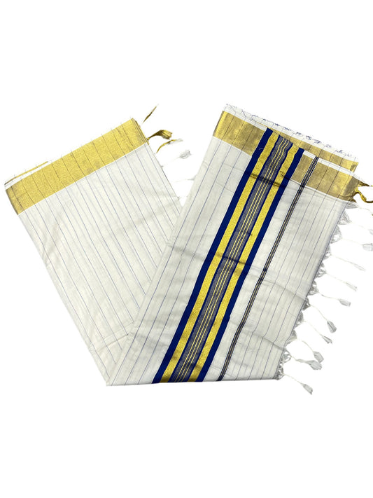 Southloom Kerala Cotton Kasavu Saree with Gold And Blue Lines on Body SL331