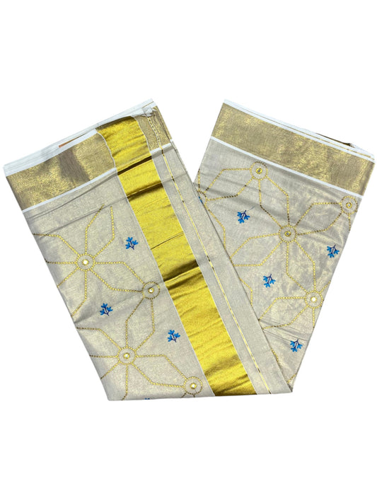 Southloom Kerala Tissue Kasavu Saree with Floral Embroidery Work on Body in Blue