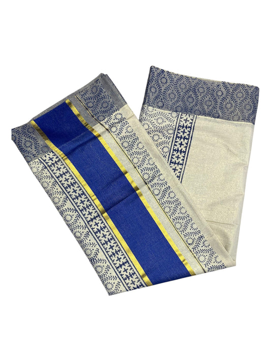 Southloom Tissue Kerala Kasavu Saree with Block Print on Body and Borders in Blue