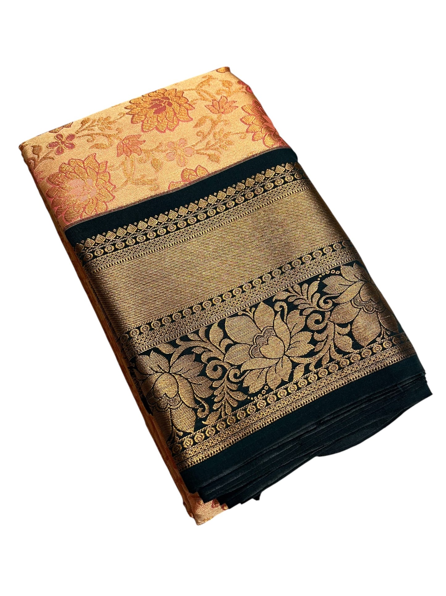 Southloom Banarasi Semi Silk Saree with Floral Zari Work Across Body (Peach & Green)