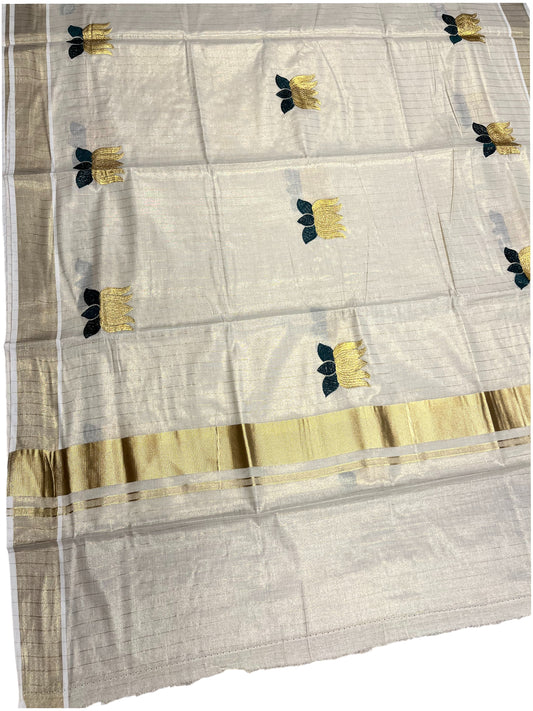 Southloom Kerala Tissue Kasavu Lines Saree with Gold and Green Lotus Embroidery Works