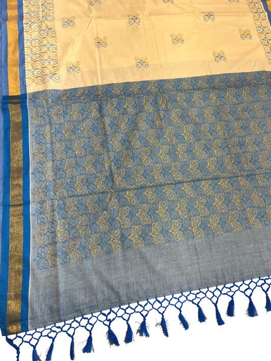 Southloom Kerala Cotton Saree with Blue and Golden Embroidery Works