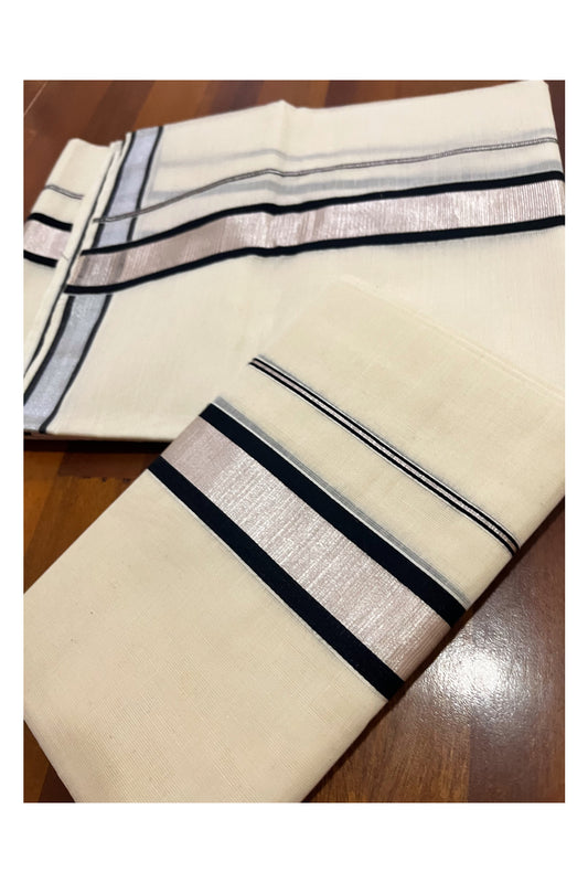 Kerala Cotton Set Mundu Single (Mundum Neriyathum) with Black and Silver Kasavu Border 2.80 Mtrs