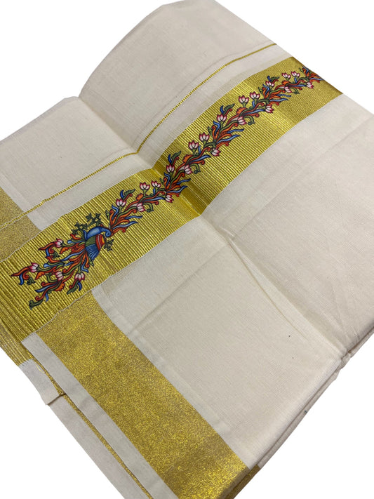 Southloom Pure Cotton Off White Double Mundu with Mural Printed Design Along Kasavu Kara