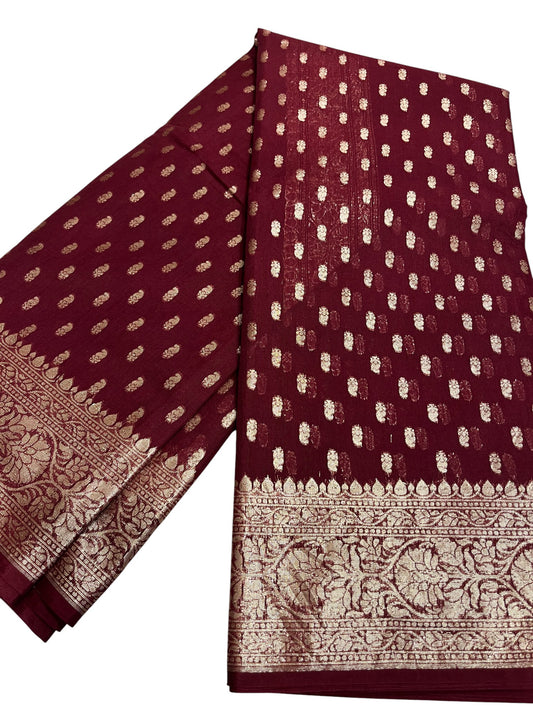 Southloom Cotton Banarasi Silk Saree with Woven Work on Body and Borders (Maroon)