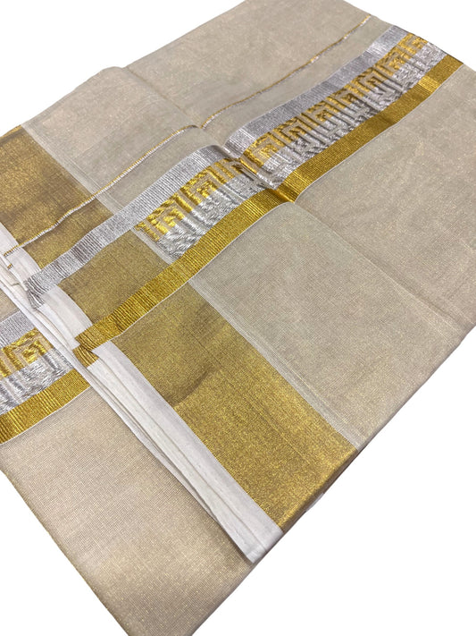 Southloom Premium Handloom Tissue Double Mundu with Gold And Silver Kasavu Border