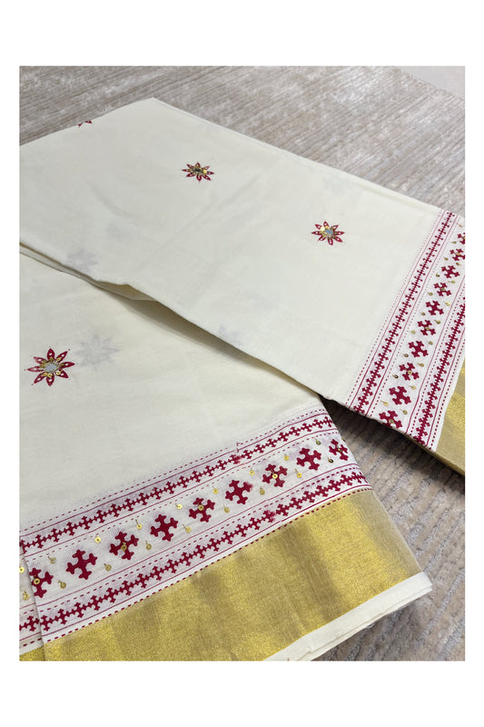 Southloom Maroon Block Print Kasavu Saree with Sequins Work on Prints