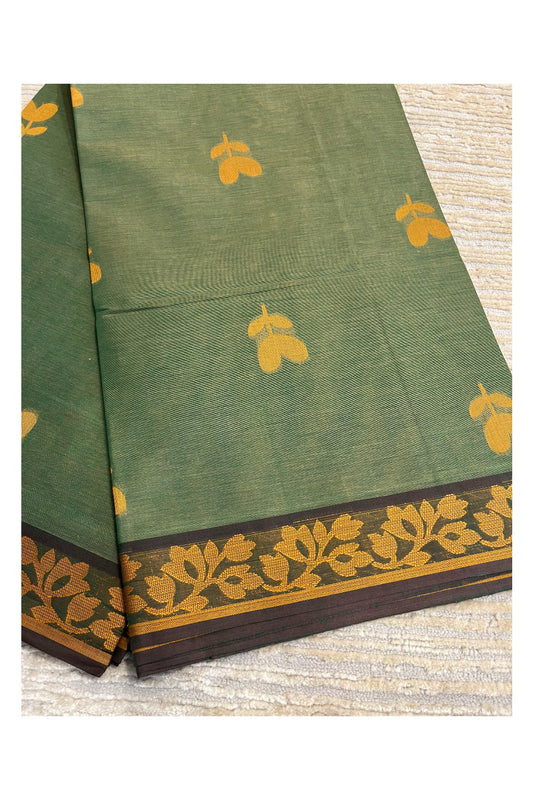 Southloom Kerala Cotton Saree with Floral Woven Works Across Body in Green