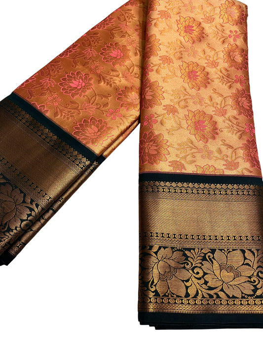 Southloom Banarasi Semi Silk Saree with Floral Zari Work Across Body (Peach & Green)