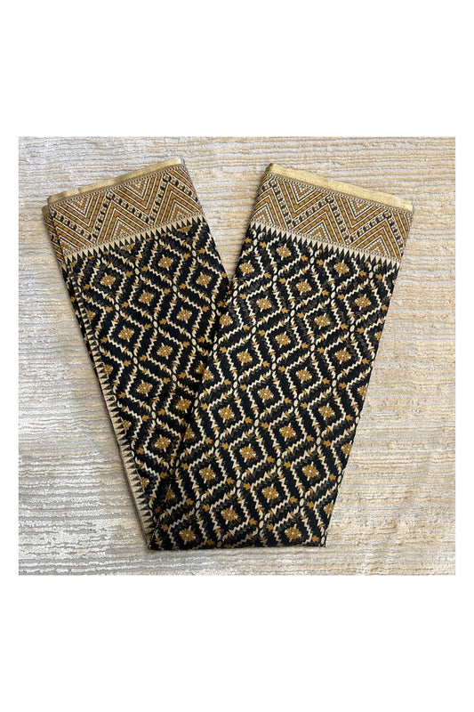 Southloom Cotton Banarasi Silk Saree with Woven Work in Black and Golden