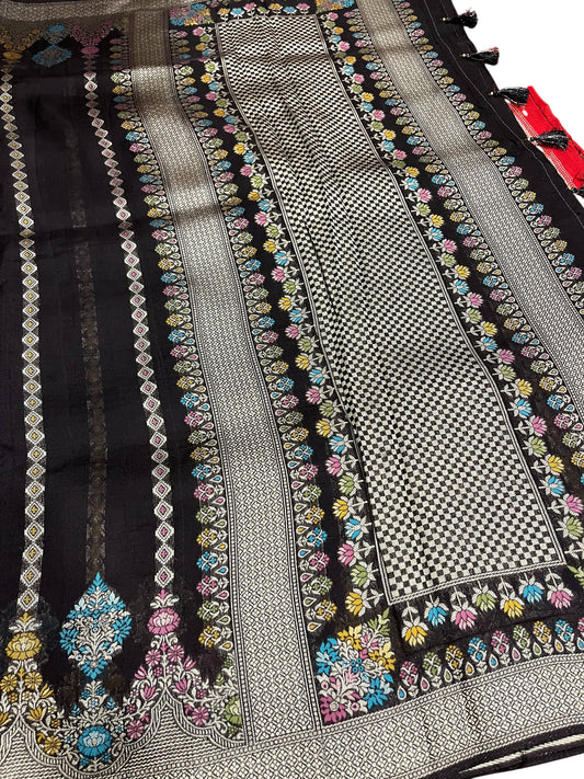 Southloom Banarasi Silk Saree with Woven Work on Body and Borders (Black & Brick Red)