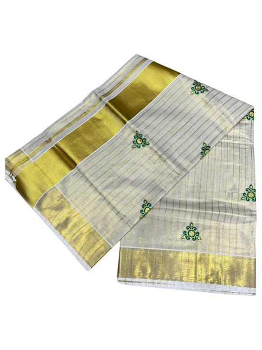 Southloom Tissue Kerala Kasavu Lines Saree with Floral Embroidery Design in Green