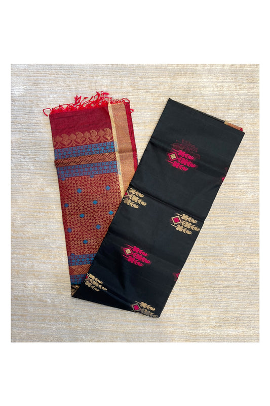 Southloom Pure Handloom Cotton Silk Saree With Handwoven Work Across Body and Blouse in Black And Maroon