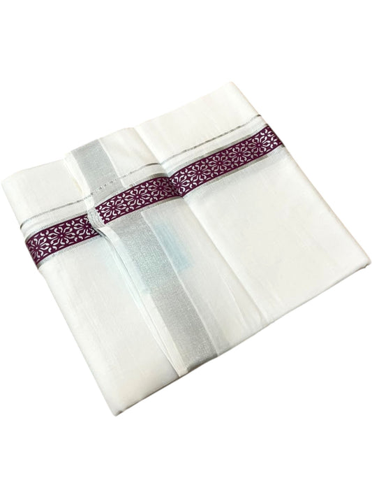 Southloom Pure White Cotton Mundu with Purple and Silver Kasavu Border (South Indian Kerala Dhoti)
