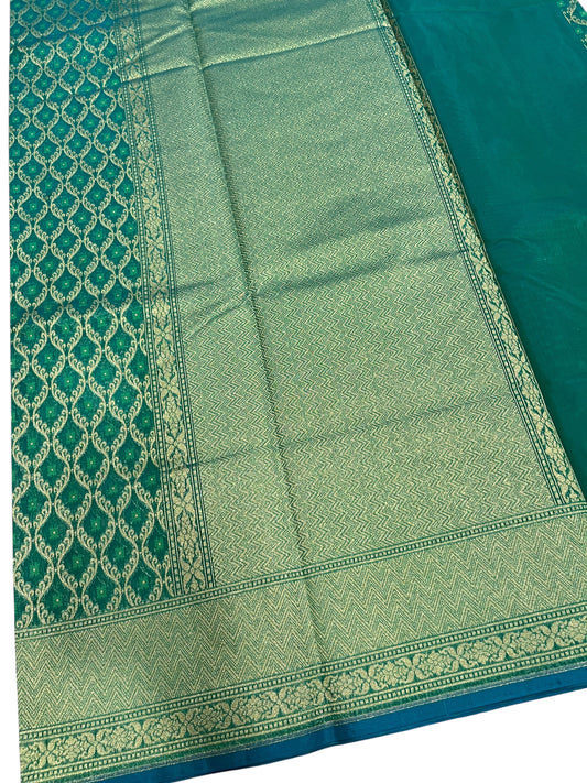 Southloom Cotton Banarasi Silk Saree with Woven Work on Body and Borders (Blue & Green)
