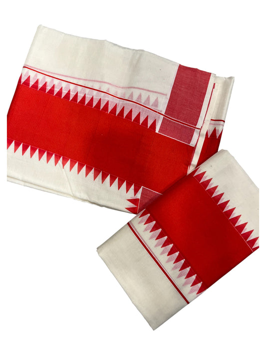 Kerala Pure Cotton Set Mundu Single (Mundum Neriyathum) with Red Temple Border 2.80 Mtrs