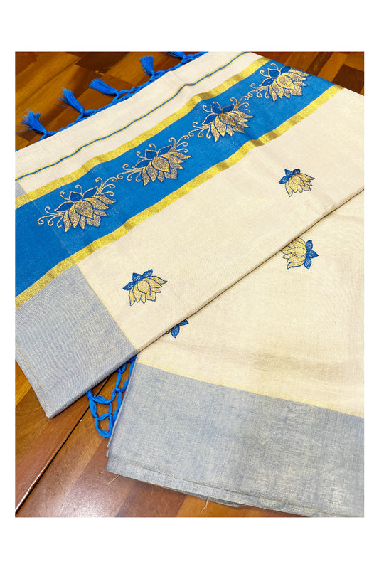 Southloom Kerala Tissue Kasavu Saree with Blue And Golden Lotus Embroidary Designs on Body