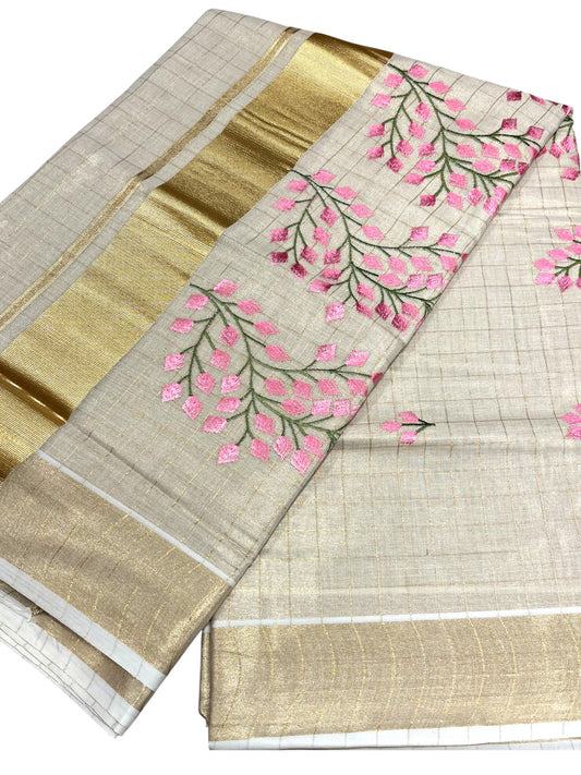 Southloom Tissue Kerala Kasavu Check Saree with Floral Embroidery Design