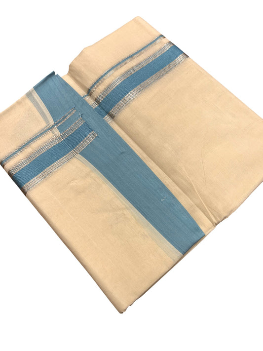 Southloom Kerala Pure Cotton Double Mundu with Silver Lines & Blue Border (South Indian Dhoti)