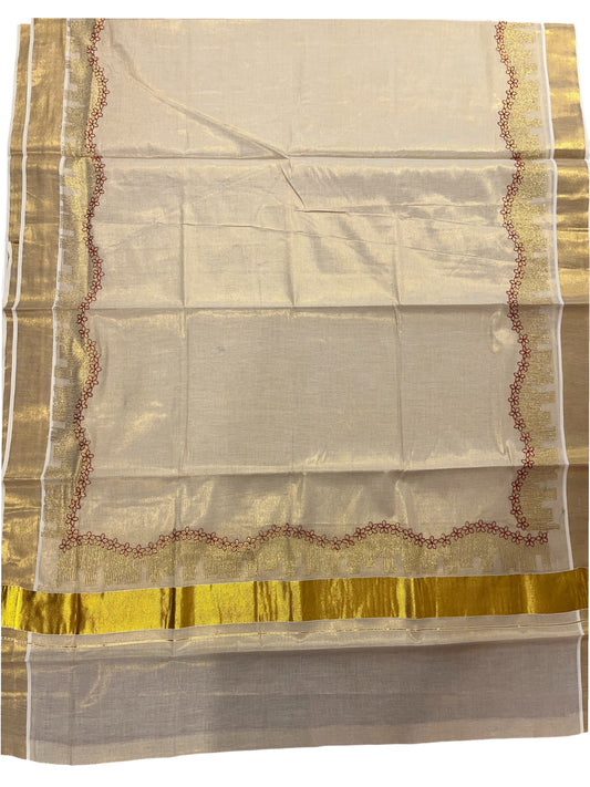 Southloom Kerala Tissue Kasavu Plain Saree with Red Floral Embroidery Works