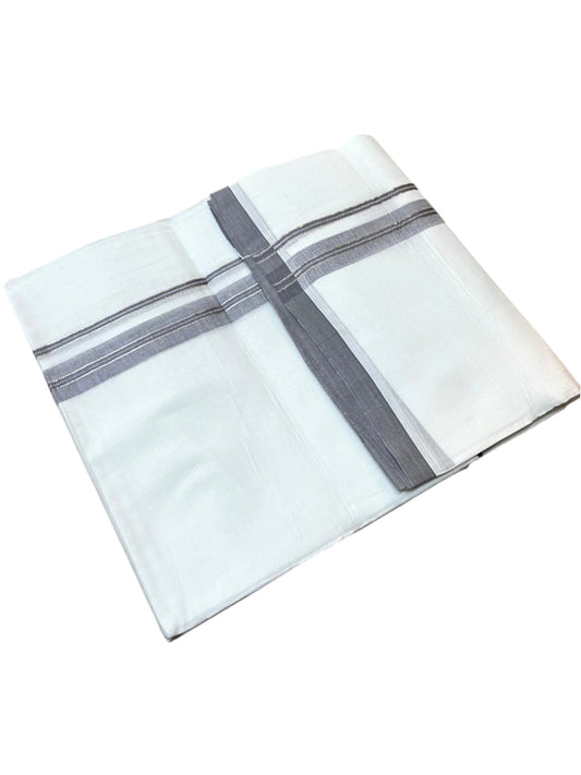Southloom Pure White Cotton Mundu with Grey & Silver Line Border (South Indian Kerala Dhoti)