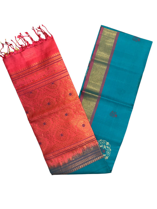 Southloom Pure Handloom Kanchipuram Silk Saree with Butta Work (Peach & Blue)