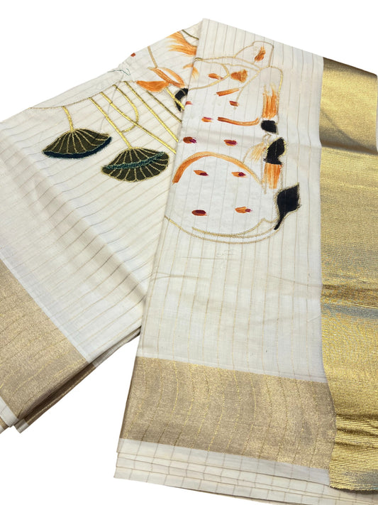 Southloom Cotton Kerala Kasavu Saree with Hand Painted Embroidery Nandi and Lotus Design