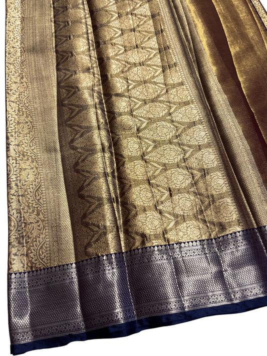 Southloom Semi Banarasi Katan Tissue Saree with Woven Work on Body and Borders (Golden & Blue)