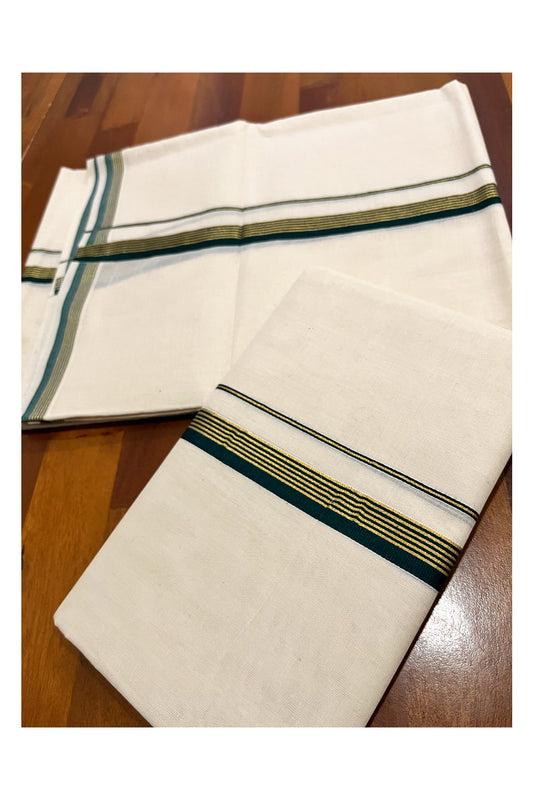 Kerala Pure Cotton Set Mundu Single (Mundum Neriyathum) with Dark Green and Kasavu Border