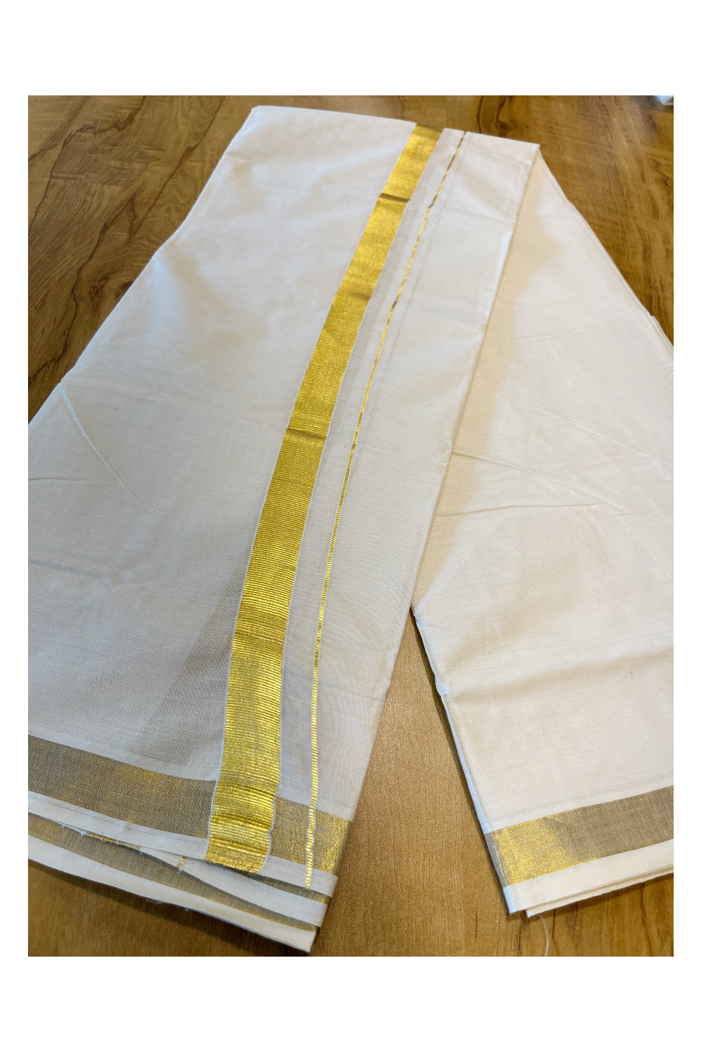 Pure Cotton Mundu with Golden Lines and Golden Border (South Indian Kerala Dhoti)