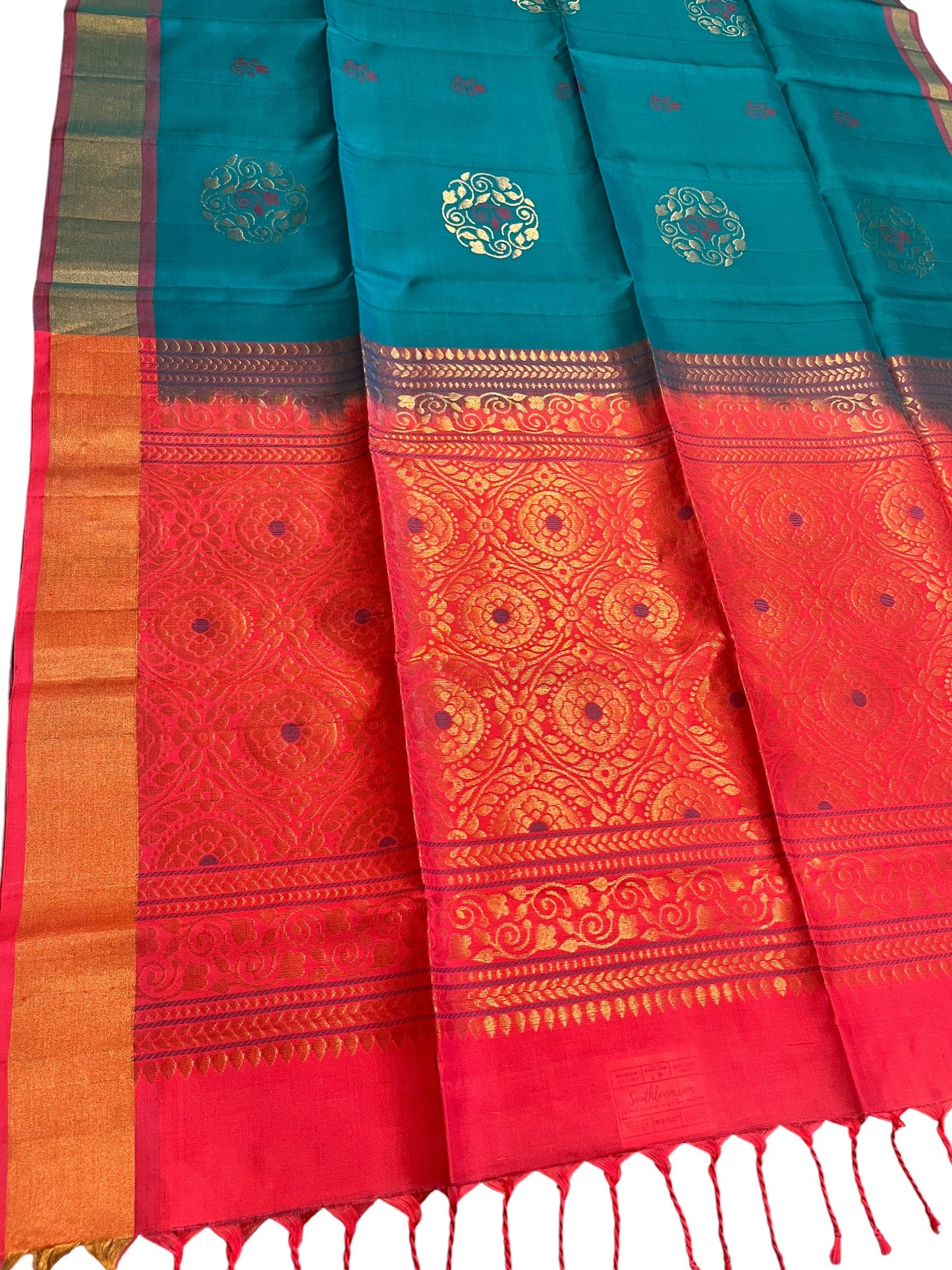 Southloom Pure Handloom Kanchipuram Silk Saree with Butta Work (Peach & Blue)
