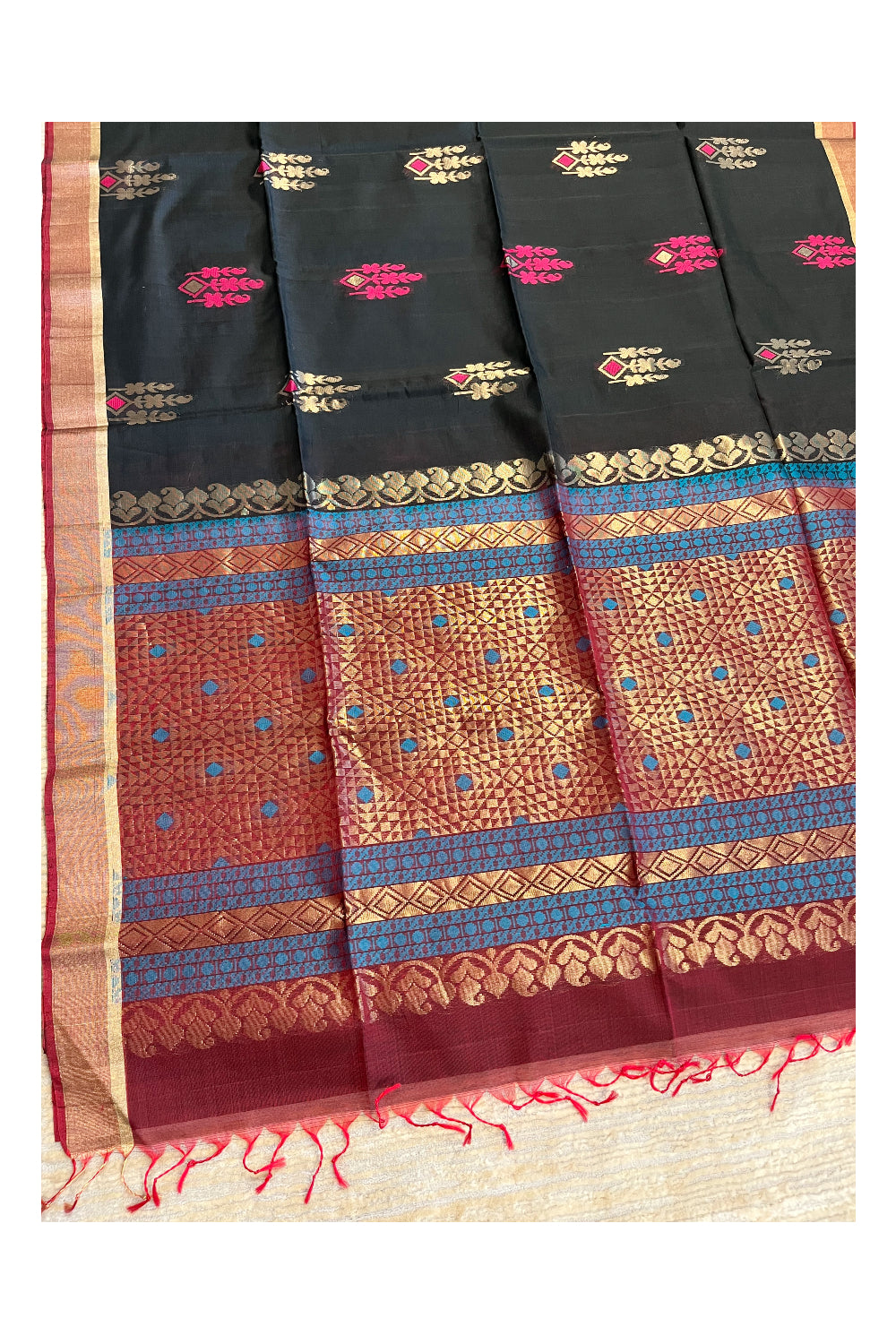 Southloom Pure Handloom Cotton Silk Saree With Handwoven Work Across Body and Blouse in Black And Maroon