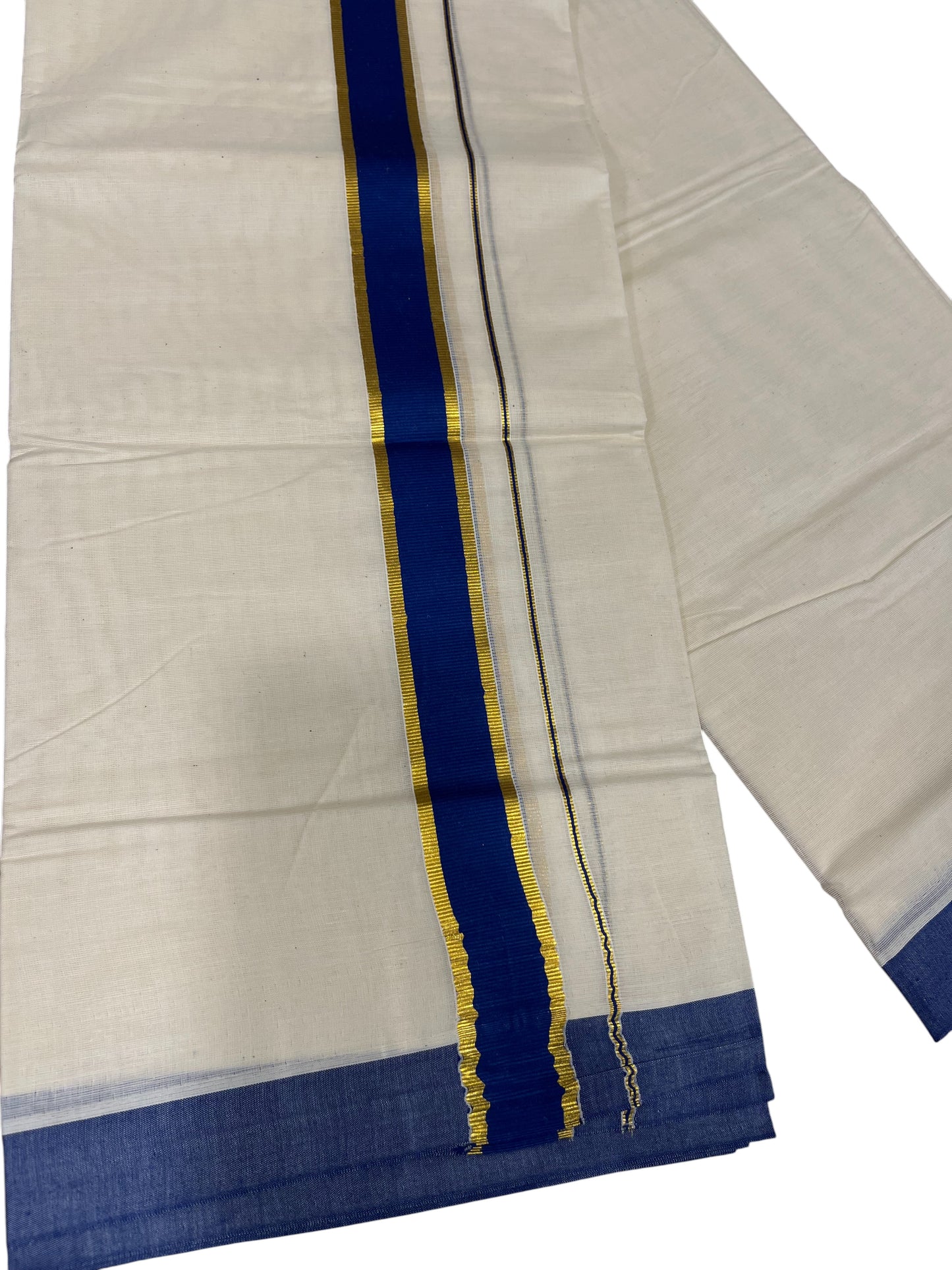 Southloom Pure Cotton Mundu with Gold Kasavu and Blue Colour Border (South Indian Kerala Dhoti)