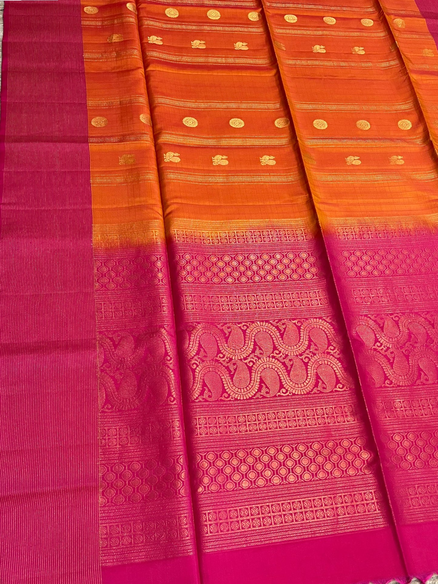 Southloom Pure Handloom Kanchipuram Silk Saree with Korvai Work (Orange & Magenta)